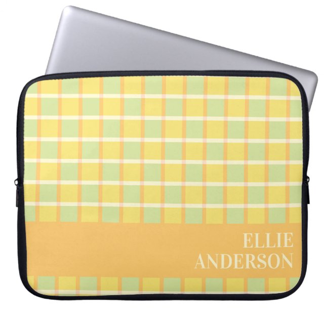 Modern Checker Green Yellow Orange Personalized ラップトップスリーブ (正面)