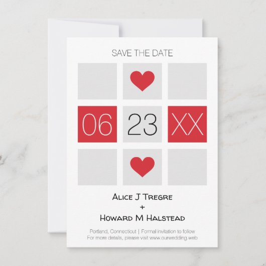 Modern Checkerboard Wedding Date Names in Red セーブザデート (正面)