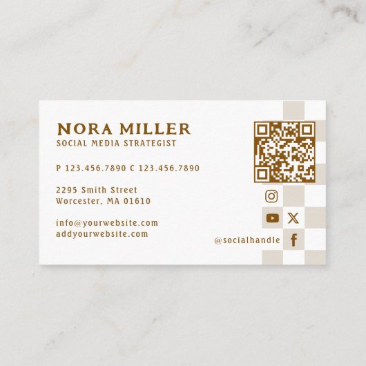 Modern Checkered Pattern Retro Influencer QR Code 名刺 (裏面)