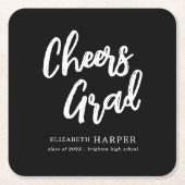 Modern Cheers Grad Brush Script Graduation  スクエアペーパーコースター (正面)