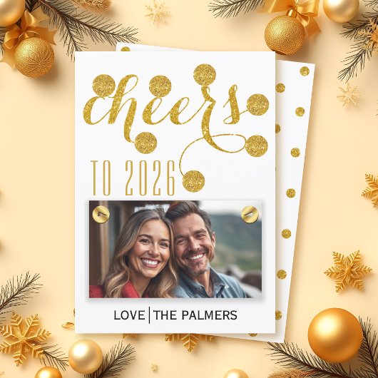 Modern cheers to 2026 gold glitter New Year photo シーズンカード