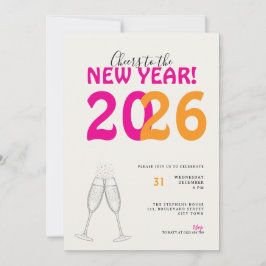 Modern Cheers to New Year Bold Typo Invitation 招待状
