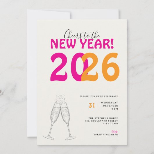 Modern Cheers to New Year Bold Typo Invitation 招待状 (正面)