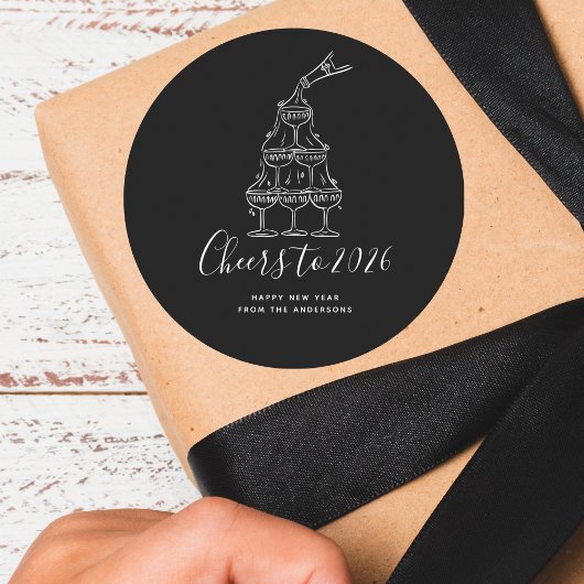 Modern Cheers to the New Year Black Hand Drawn ラウンドシール