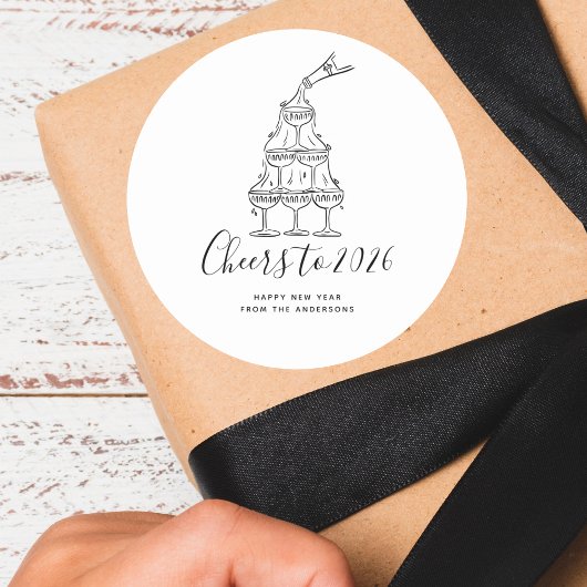 Modern Cheers to the New Year White Hand Drawn ラウンドシール
