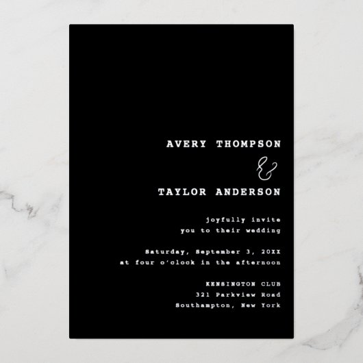 Modern Chic Black and Silver Wedding 箔招待状 (正面)