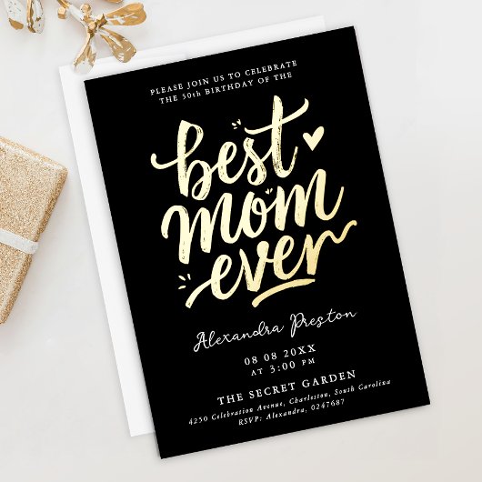 Modern Chic Black Best Mom 50th Gold Brush Script 箔招待状