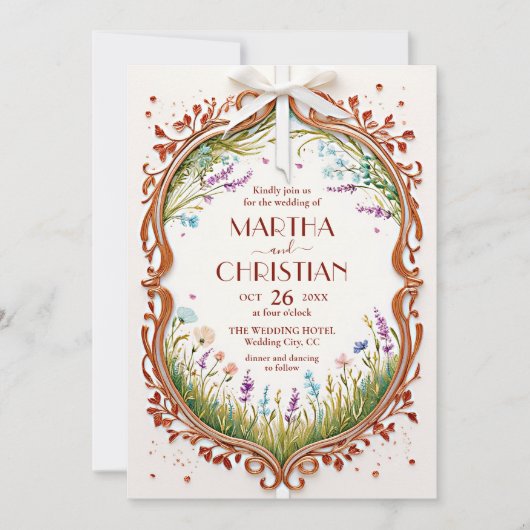Modern Chic Boho Frame Wild Flowers Photo Wedding 招待状 (正面)