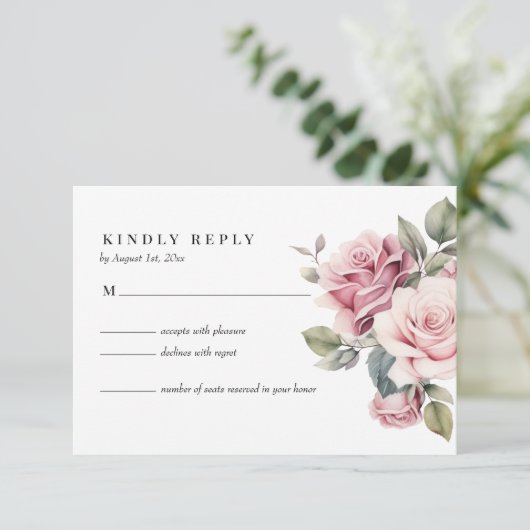 Modern Chic Elegant Romantic Pink Rose Wedding 出欠カード (スタンド正面)