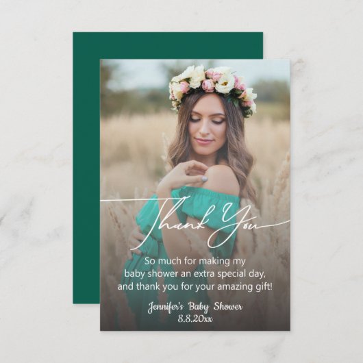  modern chic handwriting baby shower faded photo サンキューカード (正面/裏面)