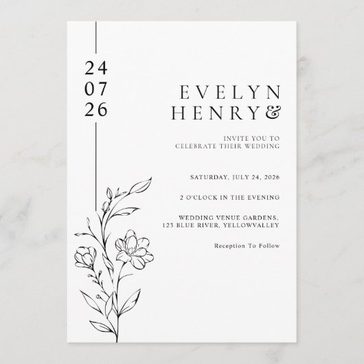 Modern Chic Line Floral Elegant Wedding 招待状 (正面)