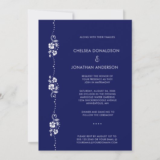 Modern Chic Minimal White Floral Navy Blue Wedding 案内状 (正面)
