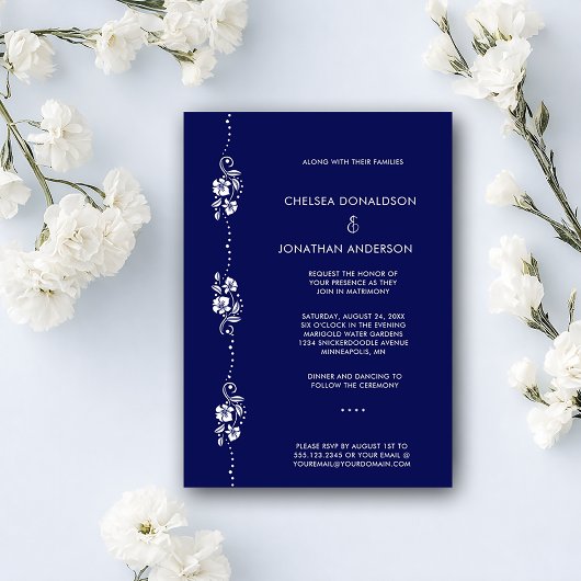 Modern Chic Minimal White Floral Navy Blue Wedding 案内状