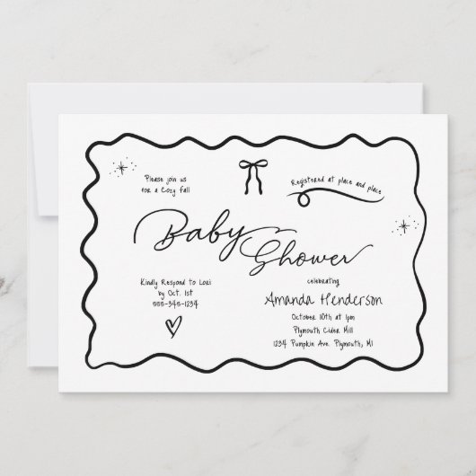 Modern Chic Minimalist Black White Bow Baby Shower 招待状 (正面)