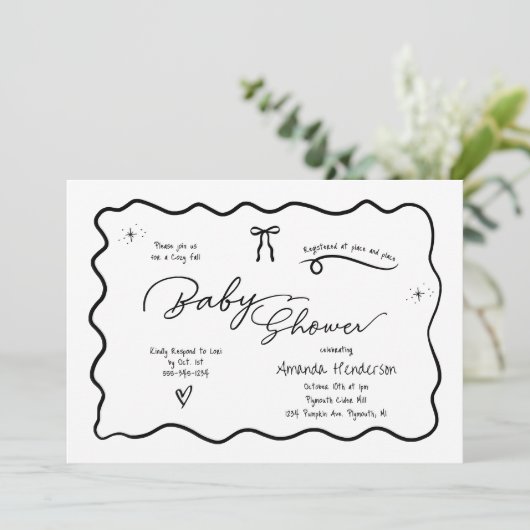 Modern Chic Minimalist Black White Bow Baby Shower 招待状 (スタンド正面)