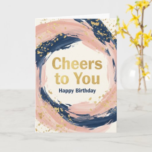 Modern Chic Navy and Blush Gold Splatter Birthday カード (黄色い花)