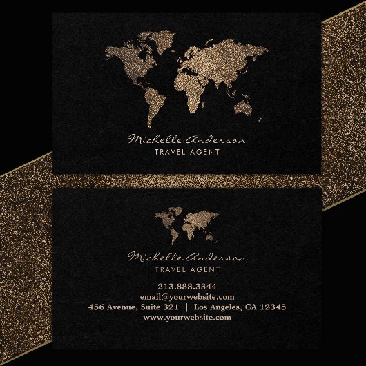 Modern Chic Travel Agent World Map Gold glitter 名刺