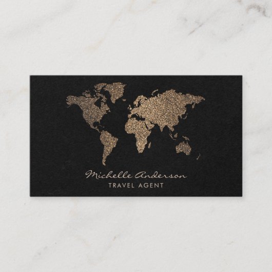 Modern Chic Travel Agent World Map Gold glitter  名刺 (正面)