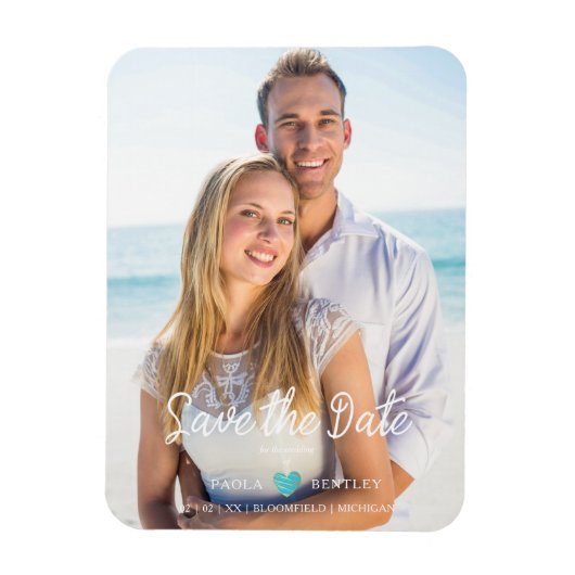 Modern Chic Turquoise Heart Photo Couple Save Date マグネット (縦)