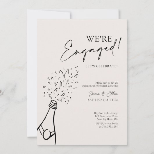 Modern Chic We're Engaged Black Champagne Party 招待状 (正面)