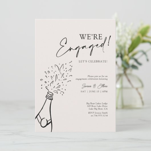 Modern Chic We're Engaged Black Champagne Party 招待状 (スタンド正面)