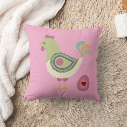 Modern Chicken & Egg Art Throw Pillow – Pink クッション (ブランケット)