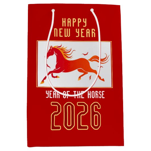 Modern Chinese Fire Horse New Year 2026 ミディアムペーパーバッグ (正面)