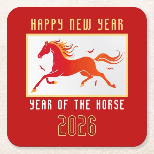 Modern Chinese Horse New Year 2026  スクエアペーパーコースター (正面)