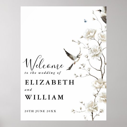 Modern Chinoiserie Floral Wedding Welcome Sign ポスター (正面)