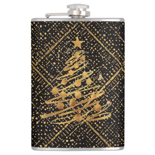 Modern, Chrismas Tree, Black Gold Cross Pattern  フラスク (正面)