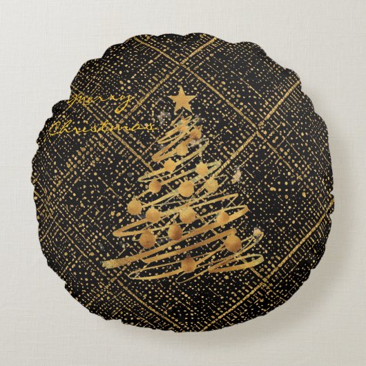 Modern, Chrismas Tree, Black Gold Cross Pattern  ラウンドクッション (正面)