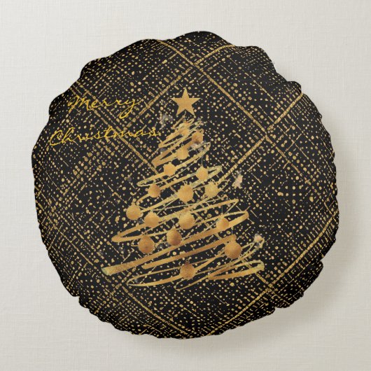 Modern, Chrismas Tree, Black Gold Cross Pattern  ラウンドクッション (裏面)