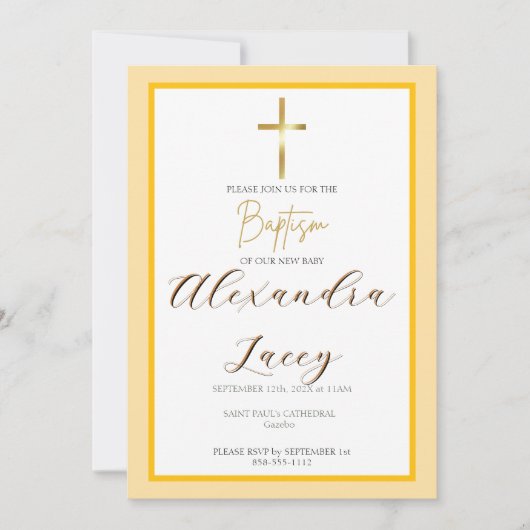 Modern Christening Baptism Gold Cross Invitation 招待状 (正面)