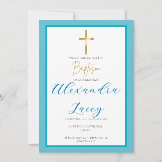 Modern Christening Baptism Gold Cross Invitation 招待状 (正面)