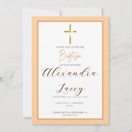 Modern Christening Baptism Gold Cross Invitation 招待状 (正面)