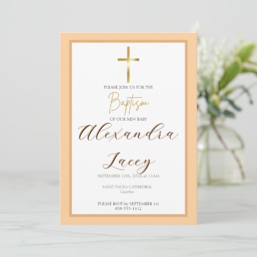 Modern Christening Baptism Gold Cross Invitation 招待状 (スタンド正面)