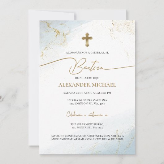 Modern Christian Blue Cross Boy Baptism Bautizo 招待状 (正面)