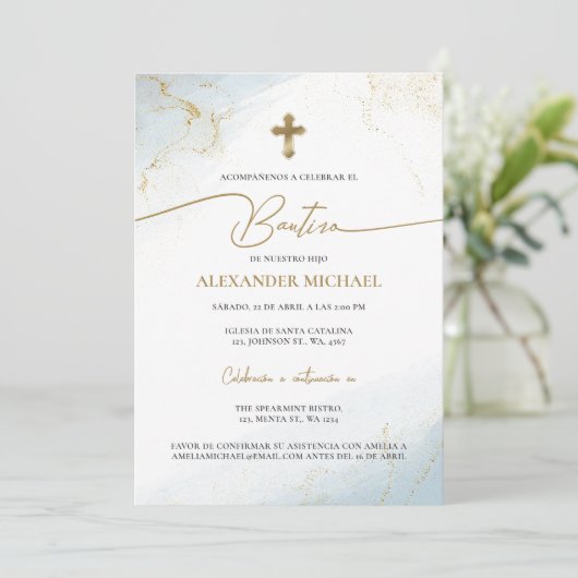 Modern Christian Blue Cross Boy Baptism Bautizo 招待状 (スタンド正面)