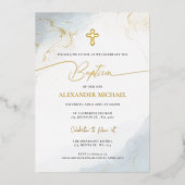 Modern Christian Blue Gold Cross Boy Baptism 箔招待状 (正面)