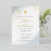 Modern Christian Blue Gold Cross Boy Baptism 箔招待状 (立ち正面)