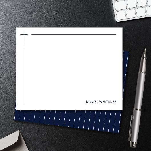 Modern Christian Cross Monogrammed Minimal Navy ノートカード