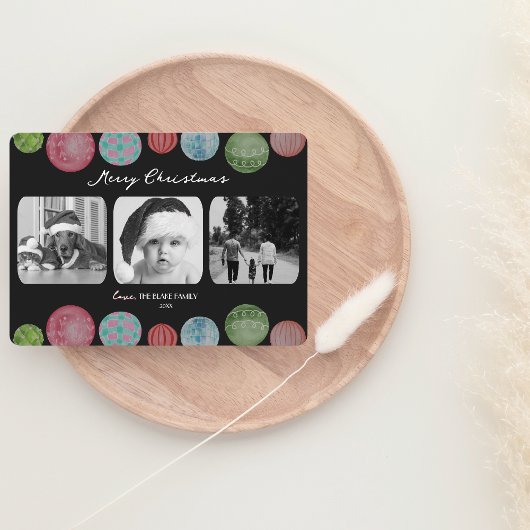 Modern Christmas Card | Ornament Triple-Photo シーズンカード