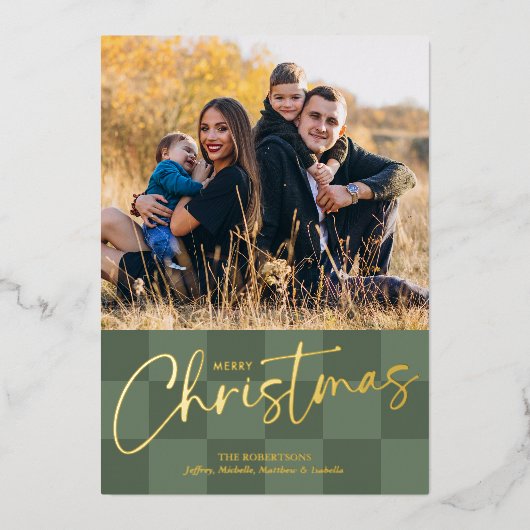 Modern Christmas Checkerboard Foil Photo Card 箔シーズンカード (正面)