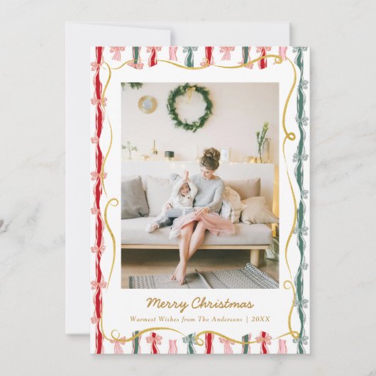 Modern Christmas Coquette Bow Pattern 1 Photo シーズンカード (正面)