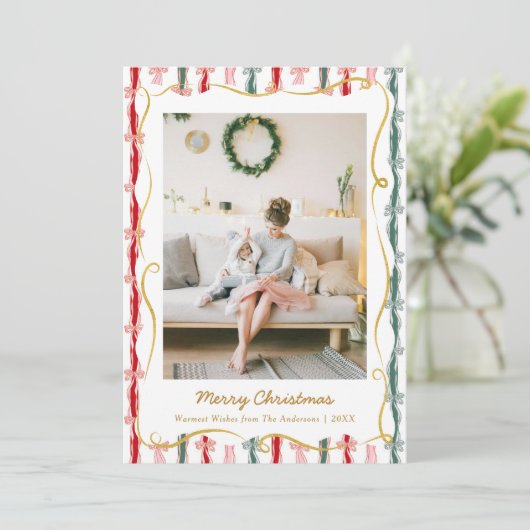 Modern Christmas Coquette Bow Pattern 1 Photo シーズンカード (スタンド正面)
