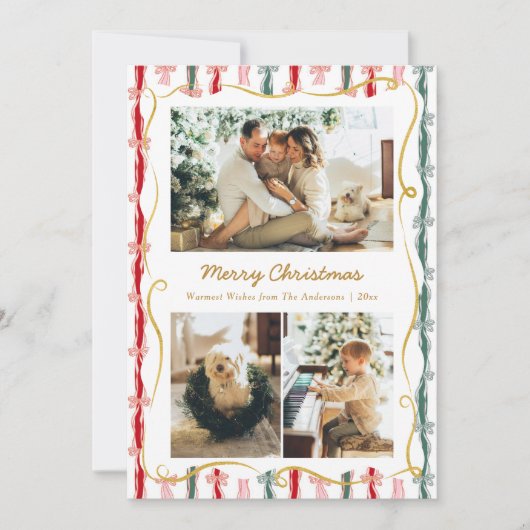 Modern Christmas Coquette Bow Pattern 3 Photo シーズンカード (正面)