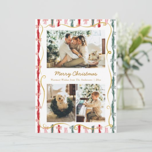 Modern Christmas Coquette Bow Pattern 3 Photo シーズンカード (スタンド正面)