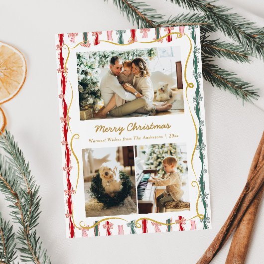 Modern Christmas Coquette Bow Pattern 3 Photo シーズンカード