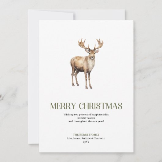 Modern Christmas Deer Sage Ivory Elegant Script シーズンカード (正面)