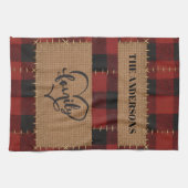 Modern Christmas Family Name Red Buffalo Plaid  キッチンタオル (横)